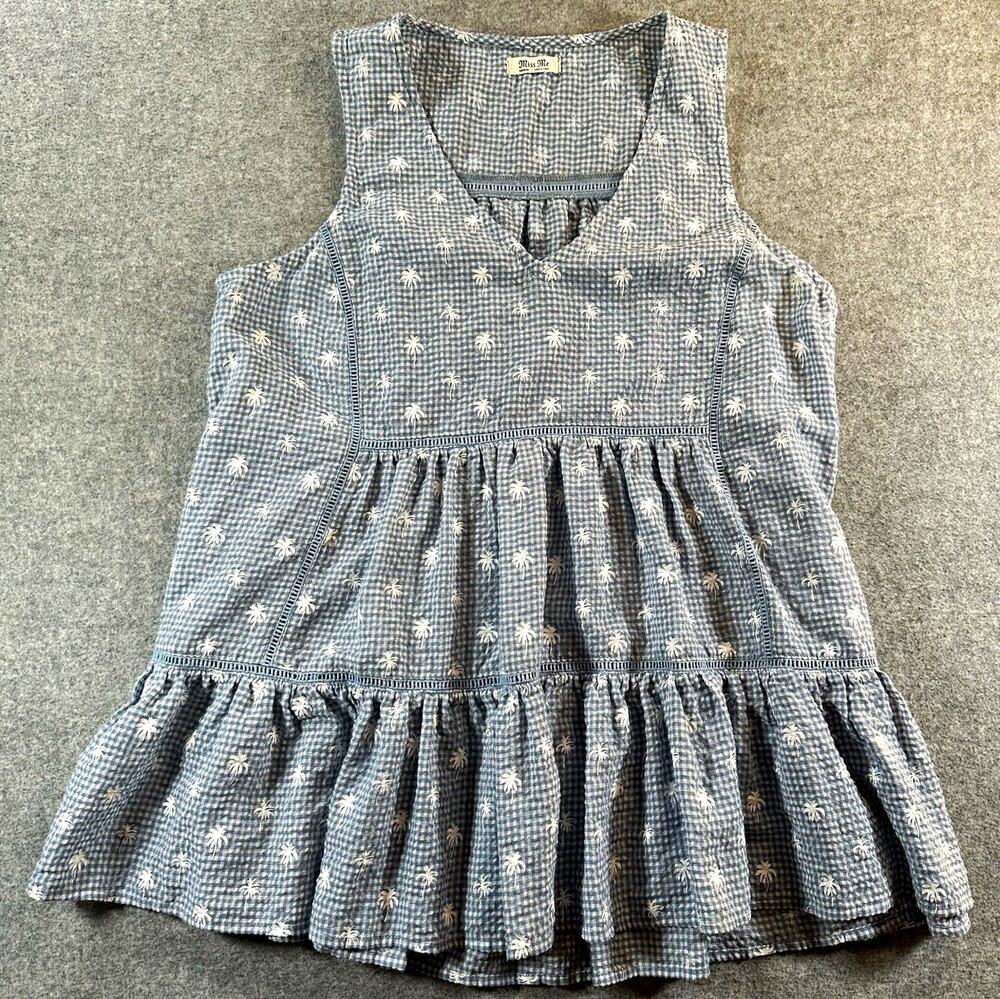 Miss Me Blue White Gingham Palm Tree Peplum V-Neck Sleeveless Blouse Women’s M